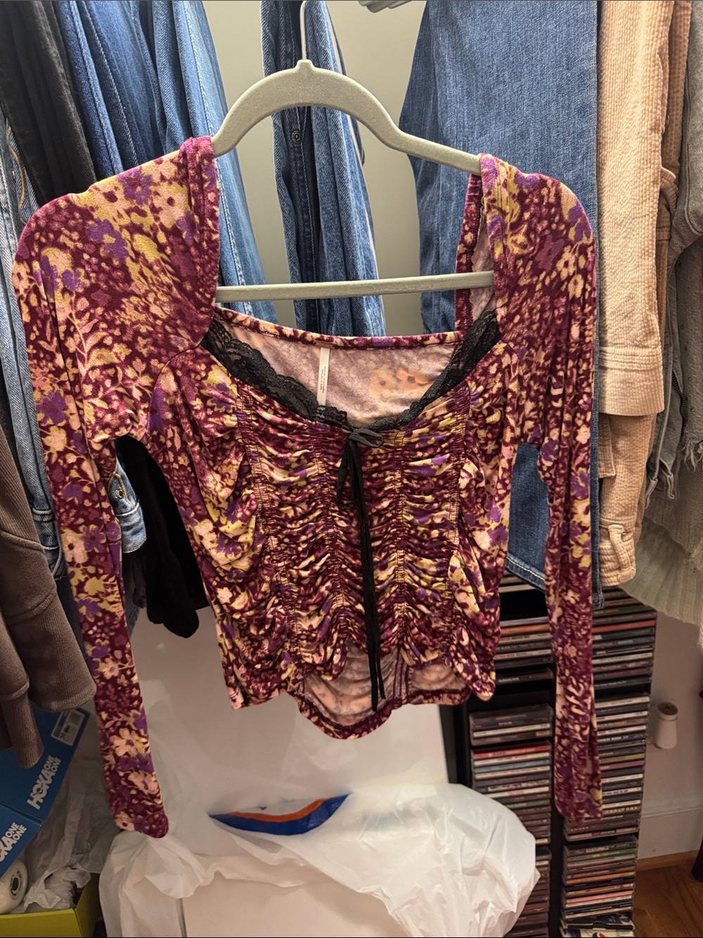 Free People Purple Floral Ruched Long-Sleeve Crop Top